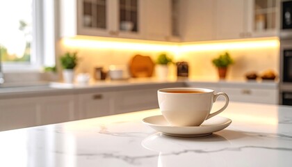 Obraz premium White Teacup on Marble Counter in Modern Kitchen