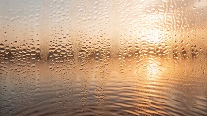 Water droplets on glass with sunset view