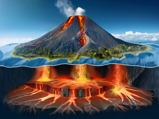Vector illustration of erupting volcano with magma chamber and lava flow
Detailed volcano cross-section with Hungarian labels for educational use