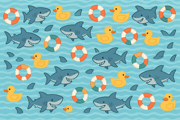 Fototapeta premium Playful Pattern with Sharks, Ducks, and Lifebuoys