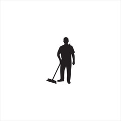 Silhouette of a person with a broom cleaning the floor sweeping
