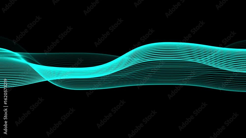 Aufkleber abstract cyan waveform flowing lines on black background dynamic digital art motion graphic