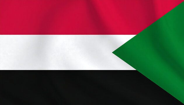 Sudanese flag with horizontal red-white-black stripes and green triangle at hoist, symbolizing revolution, peace, and heritage.