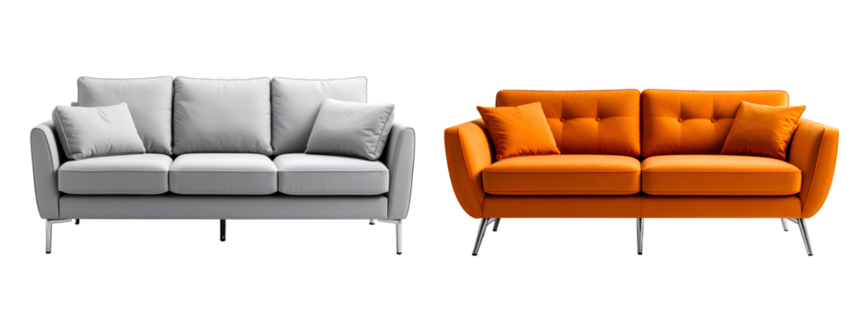 Contemporary Orange Sofa with Rounded Edges and Metal Legs, Front View on a transparent background PNG Contemporary Grey Sofa with Wide Armrests and Chrome Legs, Front View, Transparent - Powered by Adobe