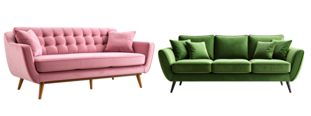 Green Couch Clipart with Soft Cushions and Rounded Arms, Transparent PNG Curved Pink Velvet Sofa with Mid-Century Wooden Legs, Angled View, Transparent Background