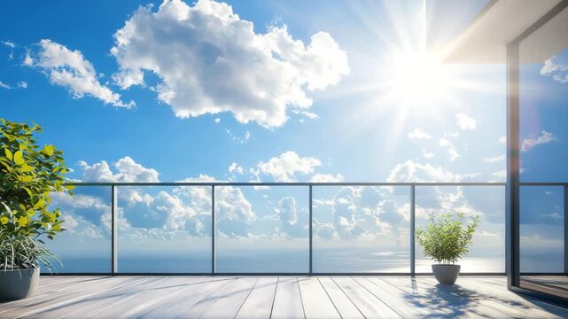 A modern balcony with glass railing overlooking a bright sky with clouds and sunlight