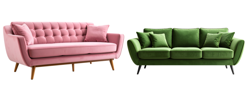 Green Couch Clipart with Soft Cushions and Rounded Arms, Transparent PNG Curved Pink Velvet Sofa with Mid-Century Wooden Legs, Angled View, Transparent Background