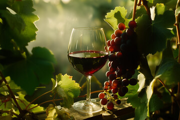 Glass of red wine, a bunch of grapes and vine leaves.