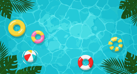 Refreshing Swimming Pool Overhead View with Multicolored Pool Floats and Lush Palm Leaves &ndash; Fun and Relaxation Summer Vibe