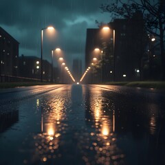 Rainy city street at night with glowing streetlights and reflections