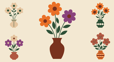 Charming Flat Style Illustration of Three Flower Bouquets in Patterned and Plain Vases &ndash; Natural and Artistic Floral Concept