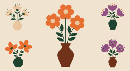 Stylized Floral Arrangement in Elegant Pots with Earthy Tones and Green Leaves &ndash; Flat Vector Art for Home Decor