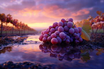 A fallen bunch of grapes reflected in a puddle with a vineyard in the background.
