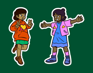 Two smiling girls, giving peace signs and embracing, in a cute cartoon style