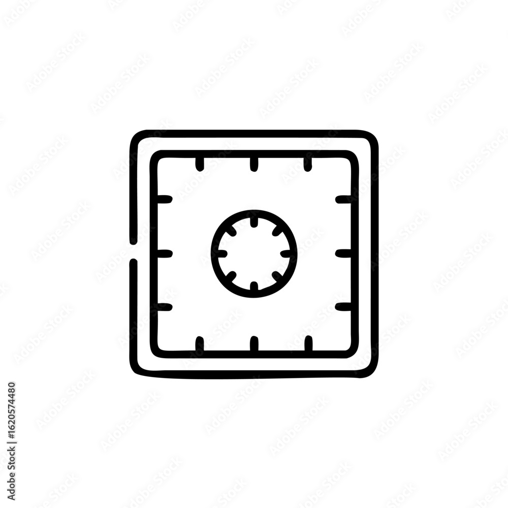 Poster outline icon a square vault door with circular dial safe security