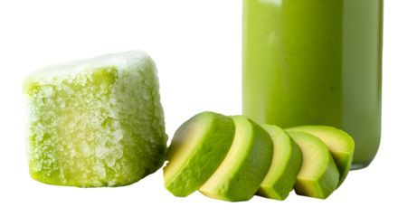 Fresh Avocado Slices and Frozen Cube Present Green Smoothie in Glass on Black Backdrop