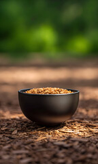 A black bowl filled with granola sits on a textured ground with a blurred green forest background