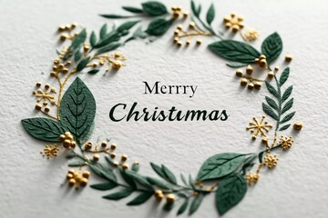 Elegant Christmas Greeting with Greenery Wreath and Gold Accents on Textured Paper Background