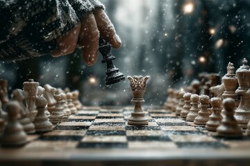 A Frosty Game: Snow-Dusted Chess Pieces on a Wooden Board Capturing Winter's Strategy