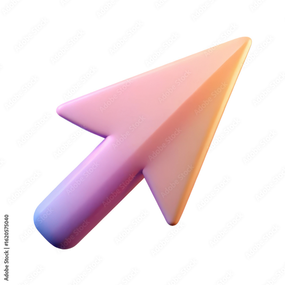 Poster a vibrant gradient 3d cursor arrow with a soft glow pointing upwards and to the right isolated on tr