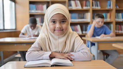 Fototapeta premium Smiling Muslim Girl in Hijab Studying at School Library — Confident Child Reading Book in Classroom with Students in Background