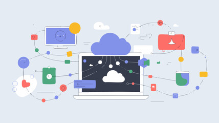 Modern Vector SVG Illustration of Cloud Computing with Multiple Connected Devices in Flat Design Style with Bright Colors