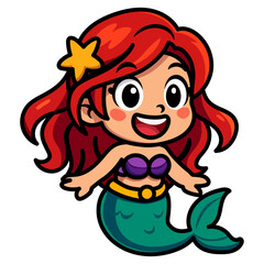 Cute Cartoon Mermaid Girl with Red Hair