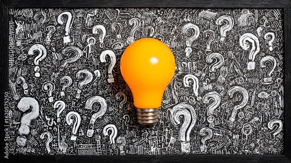 Poster illuminated lightbulb amidst a backdrop of numerous question marks.