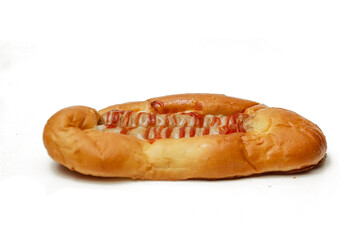 bread with sausage topping isolated on white background