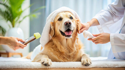 A golden retriever dog with a towel on its head getting groomed by two people at a grooming salon