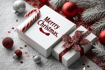 Festive Christmas Scene with Gifts, Candy Cane, and Ornaments on a Snowy Background