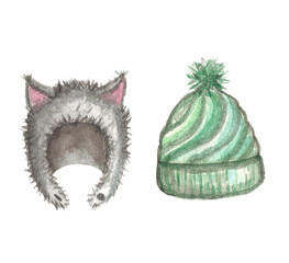 Cute gray cat ear hat and green striped winter beanie for cozy outdoor activities in chilly weather
