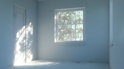 Fototapeta premium Empty room with a window and a door, bathed in natural light.