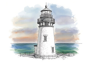 Watercolor painting of a classic lighthouse on the coast at sunset