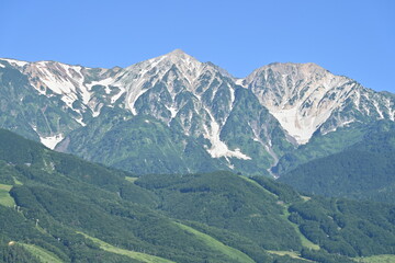 白馬村から望む白馬鑓ヶ岳と杓子岳／長野県