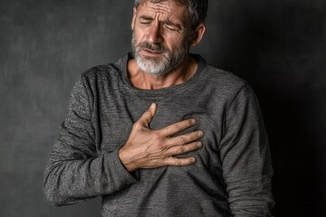 Older man in grey sweater experiencing chest pain, grimacing, with hand over heart against dark background.