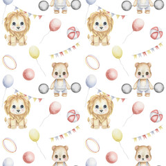 Seamless watercolor pattern featuring a cute baby bear and a lion cub.