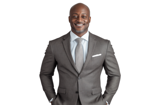Confident smiling professional African-American businessman in suit, isolated on transparent background