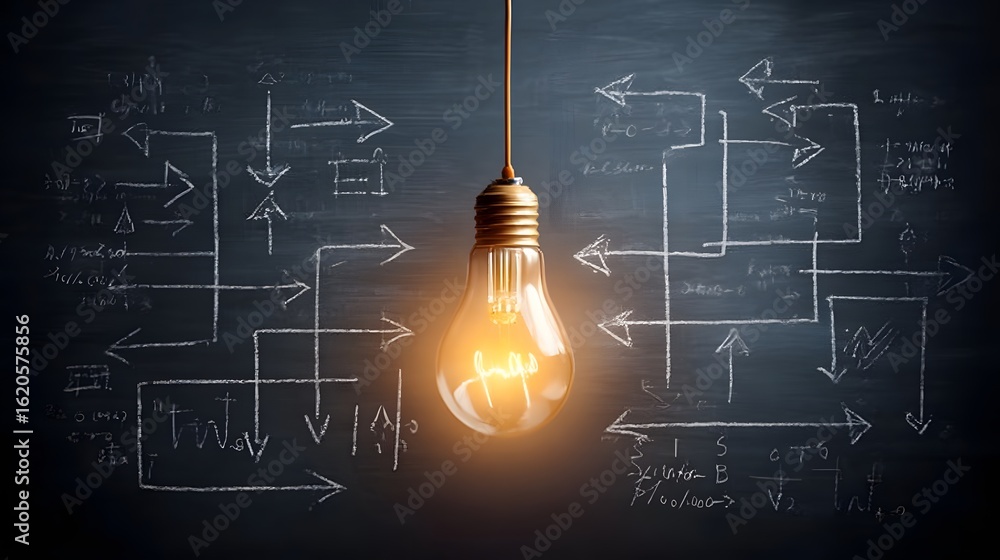Poster illuminated lightbulb above a complex network of chalk arrows and symbols on a dark surface.