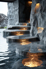 Luxury Spa Stone Steps with Warm Lighting Leading into Tranquil Water Pool in Natural Cave Setting Use