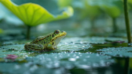 Close-up of a small frog resting on a lotus leaf in a serene pond, surrounded by natural.