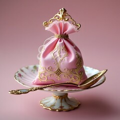 Elegant pink pouch with gold trim on ornate pedestal dish