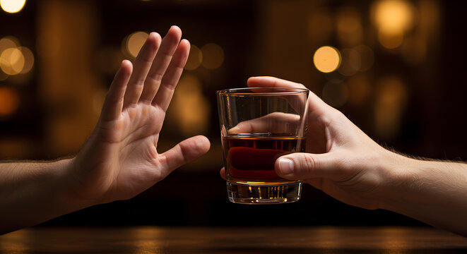 Hands refusing alcohol with a glass in a dimly lit bar setting - Powered by Adobe