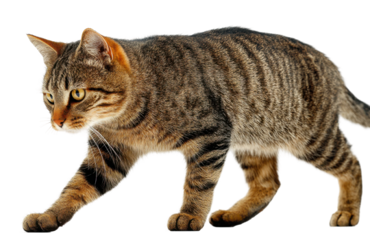 Cat walking gracefully in indoor setting action photography. Isolated on transparent background, png.