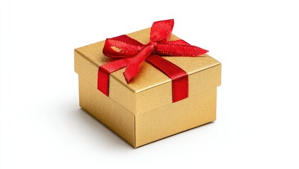 Obraz premium Gold gift box with red ribbon bow, isolated on white