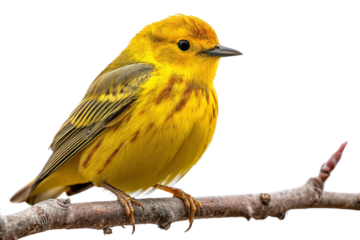 Yellow warbler bird perched on branch nature scene close-up. Isolated on transparent background, png.