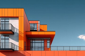 Vivid Orange Facade Against Blue Sky: Modern Architectural Design with Geometric Lines