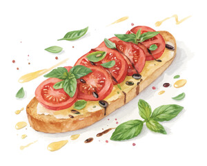 watercolor Tomato bruschetta vector illustration isolated on white background