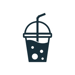 Dark blue icon of a drink in a clear cup with a straw and bubbles on a white background beverage
