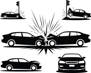 Vintage Car Crash Vector Illustration Set, Retro Collision and Damage Icons.